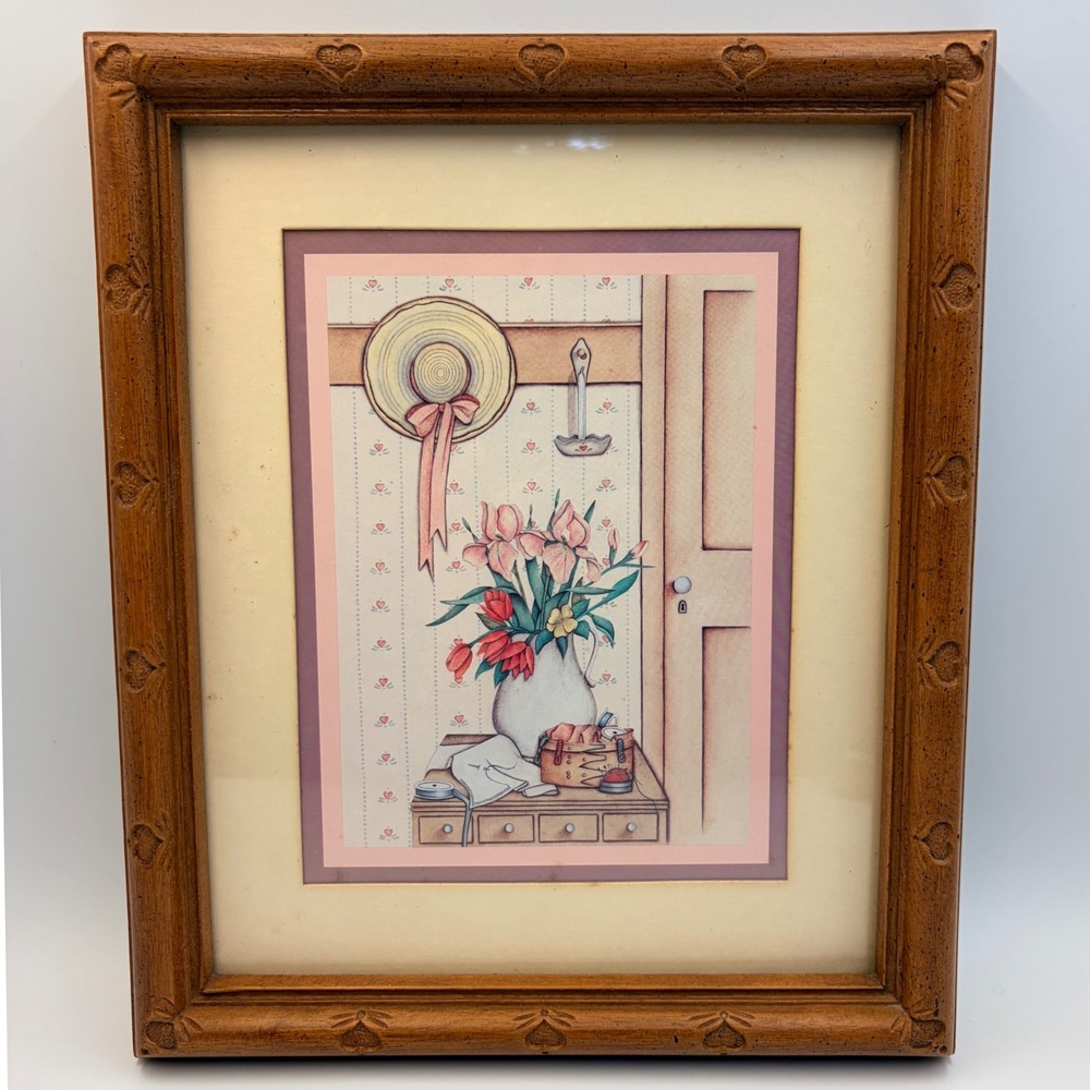 Vintage Country Cottage‎ Floral Art Print Heart Embossed Wood Frame 10x12